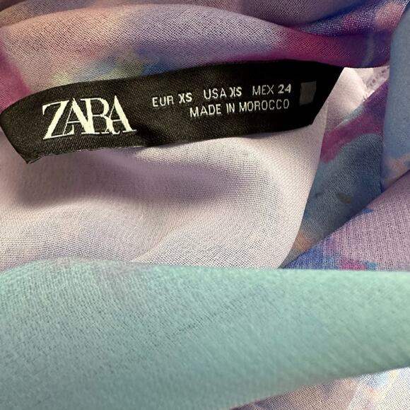 Zara Choker Chiffon Blue Pink Long Sleeve Top Ruched 70s Party Blogger Summer - Picture 4 of 8
